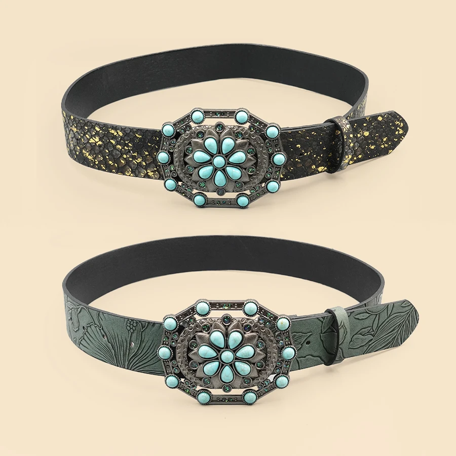 Retro Court Style Imitation Gemstone Inlaid Women's Wide Belt, Western Denim Style, Niche Women's Belt