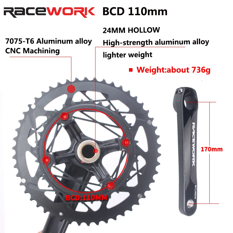 RACEWORK Road Bike Crankset 170mm Crank BCD110mm Sprocket 50-34T 53-39T Teeth Aluminum Alloy Hollow One-body Crankset