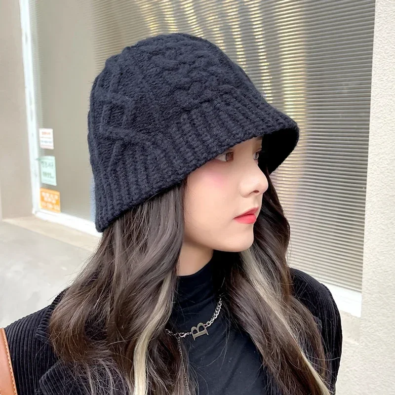 Wool blended woolen Yarn Bucket Hat Women  winter Korean version versatile warm Japanese solid color knitted thickened basin hat