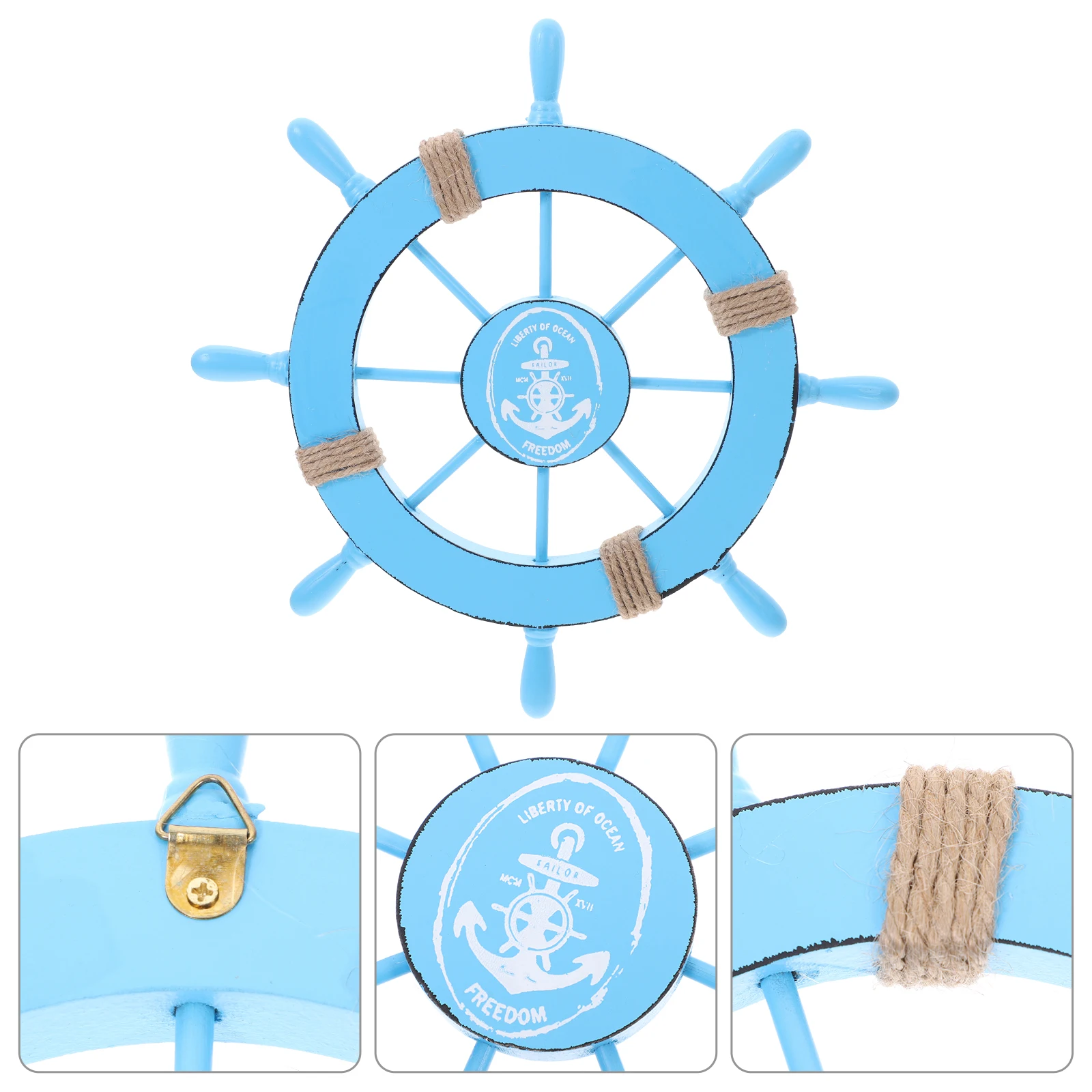 

Wooden Ship Wheel Wall Decor 8 Spokes Blue White Nautical Home Accent Beach Style Hanging Mini Model
