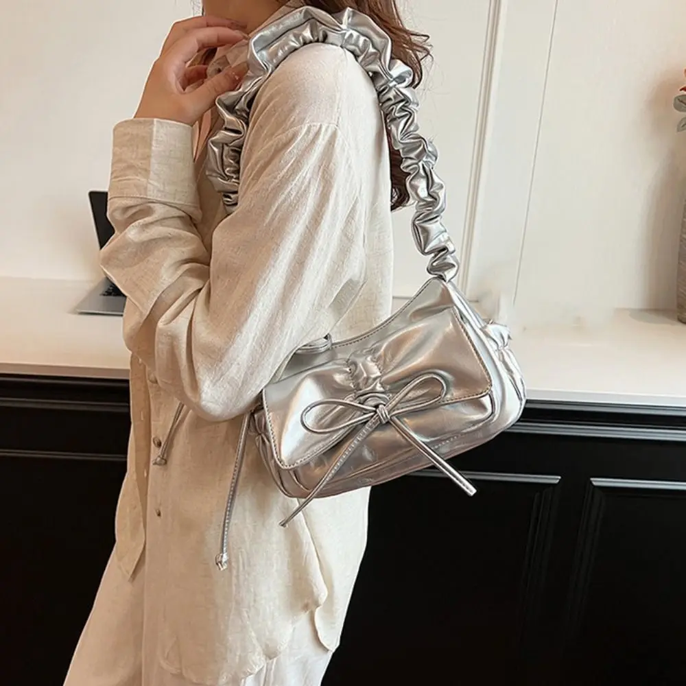 

Портативная сумка через плечо во французском стиле с бантом из искусственной кожи, плиссированная сумка на шнурке с рюшами, сумка через плечо в корейском стиле со складным ремешком, дорожная сумка