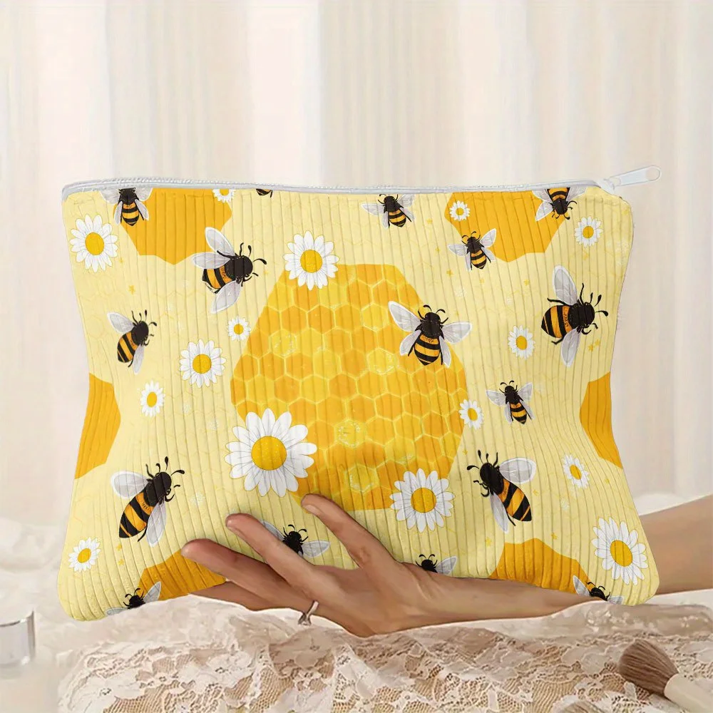 Corduroy Makeup Bag with Honeycomb Bees & Daisies Print - Cute Zippered Cosmetic Pouch Suitable for Travel, Daily Use