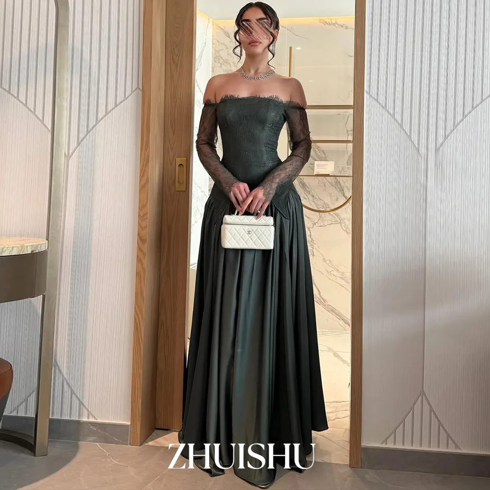 

ZHUISHU Оливково-зеленые длинные платья для выпускного вечера в Саудовской Аравии с вырезом лодочкой и кружевом в стиле пэчворк с длинными рукавами Вечерние платья по индивидуальному заказу