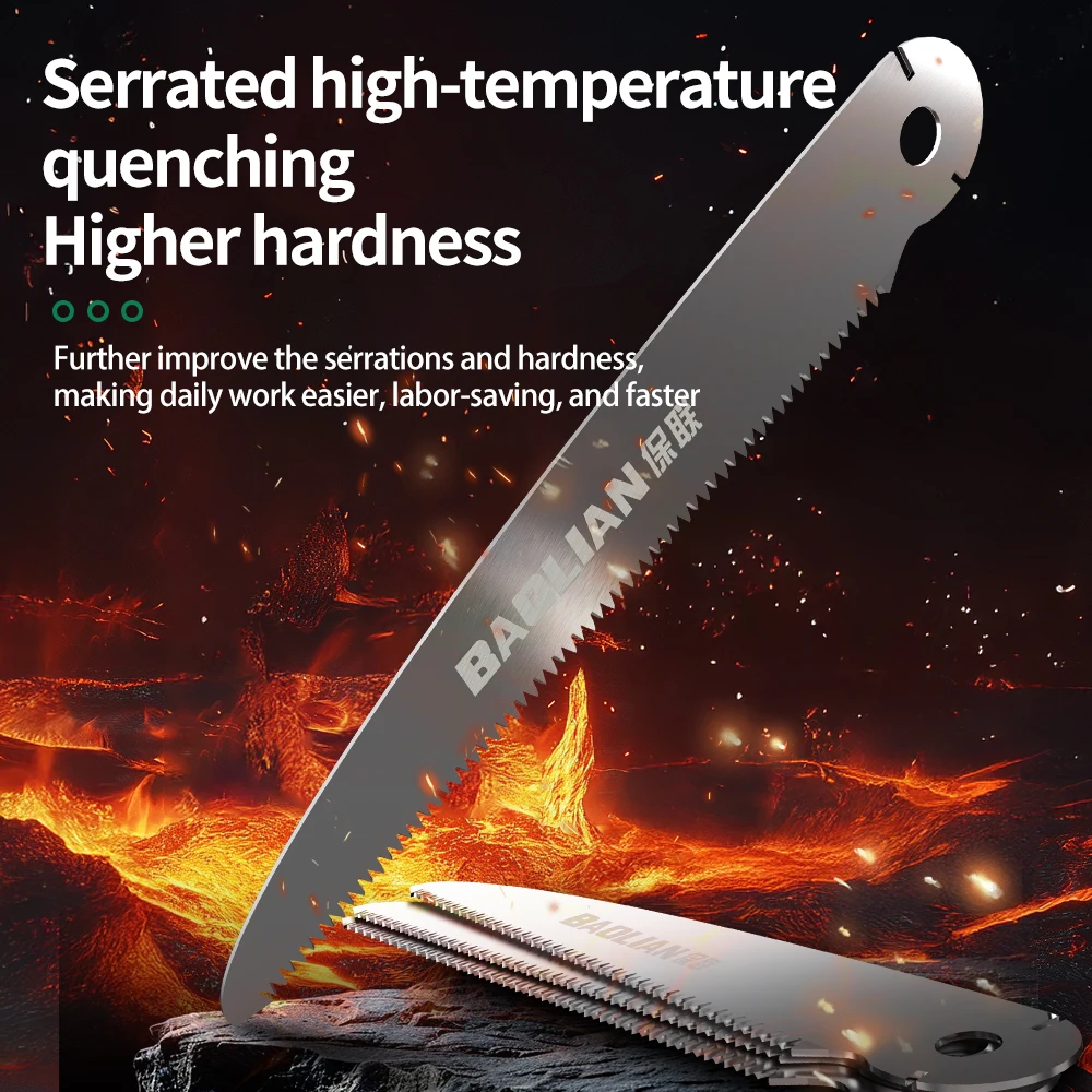 منشار يدوي عالي التحمل قابل للطي آلية قفل بزر واحد، شفرة فولاذية مقاومة للصدأ للتخييم والنجارة والبستنة #5