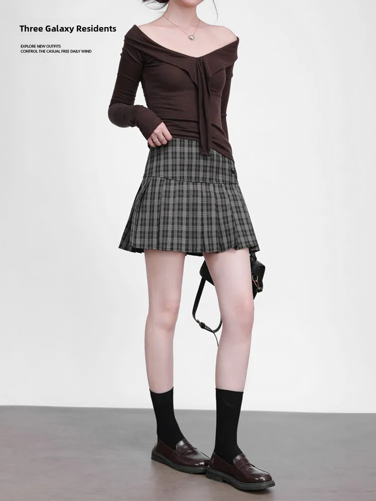 

Vintage Plaid High Waist Slimming Pleated Short Skirt Women's Autumn Winter College Style Ageless Skirt Casual Style