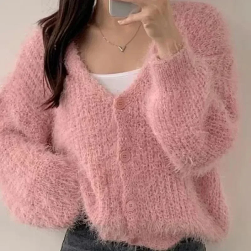 Korean V-neck Soft Mink Cashmere Cardigan Coat Women Long Sleeve Single Breasted Sweater Jacket Autumn Winter New Knitwear