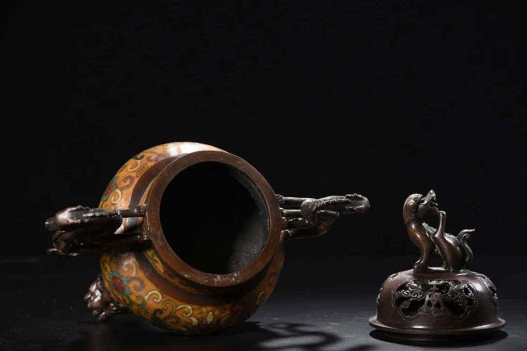 

10"Old Xizang Folk Collection Old Bronze Cloisonne Enamel Flower texture Dragon ear Three legged incense burner Town house