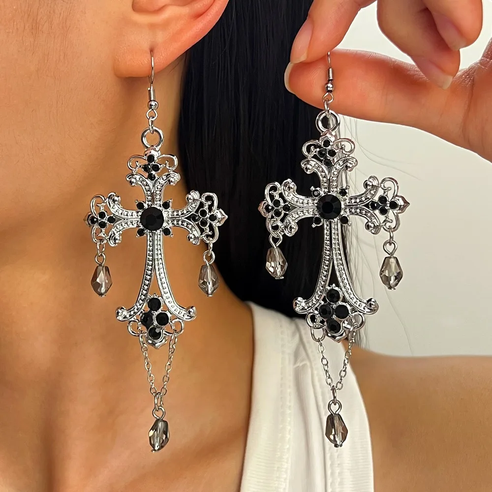 Gothic Vintage Cross Dangle Earrings Ornate Filigree Red Rhinestone Tassel Drop Earrings for Women Halloween Party Jewelry