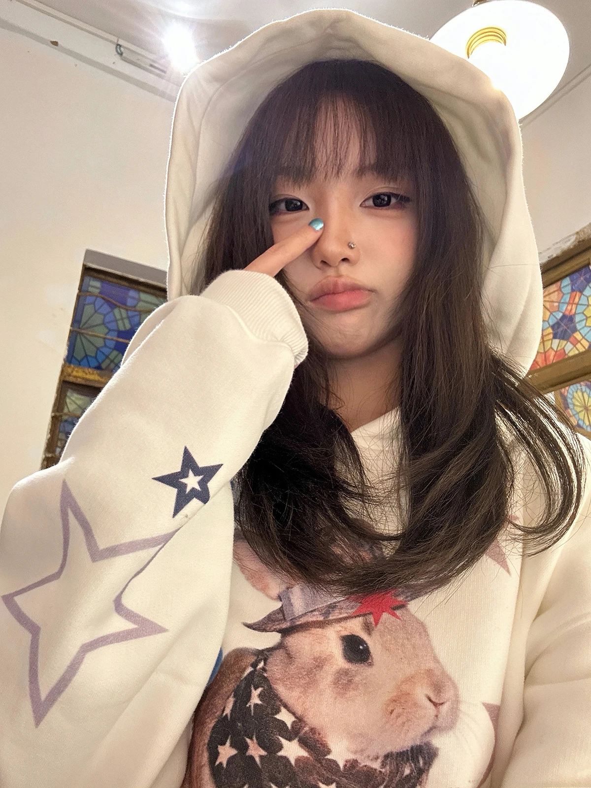 

Sakura Cool Star Rabbit Fleece Lined Hoodie Korean Style Girls Print Loose Fit Overhead Jacket Cotton Long Sleeve Spring