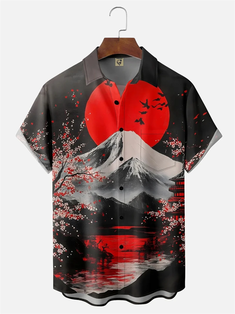 

Мужские пляжные рубашки в японском стиле Ukiyoe, повседневные гавайские рубашки с короткими рукавами и пуговицами, топы, мужская рубашка для отпуска, новинка