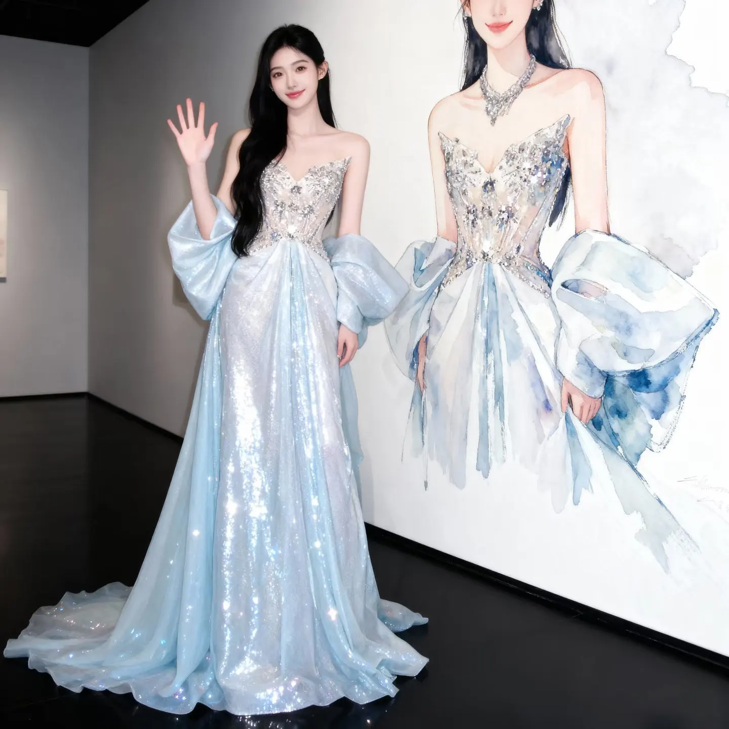 Vestido de Noche Azul Brillante con Cuentas de Cristal, Vestidos de Gala Azul Claro 2026 con Gran Falda Cruzada