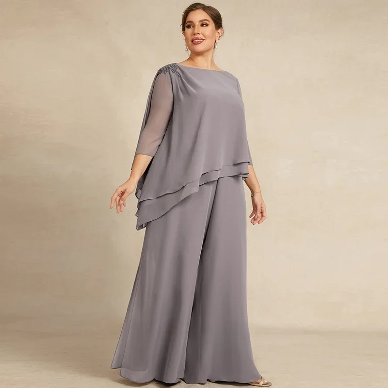 Ensemble deux pièces en mousseline de soie douce perlée pour mère de la mariée, pantalon grande taille imbibé, tenue élégante pour invité de mariage, soirée