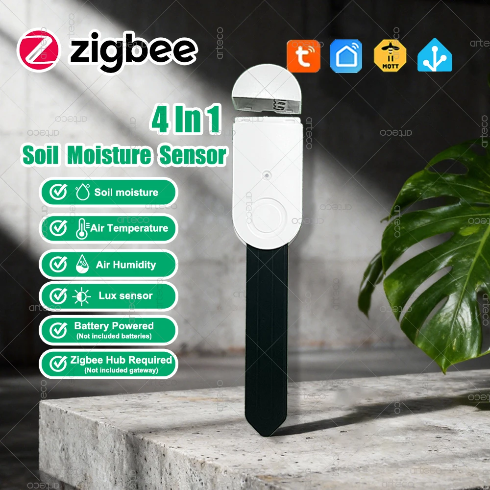 

Тестер влажности почвы Zigbee 4 в 1 с датчиком освещенности, измеритель температуры и влажности, монитор в реальном времени для Tuya или Z2MQTT