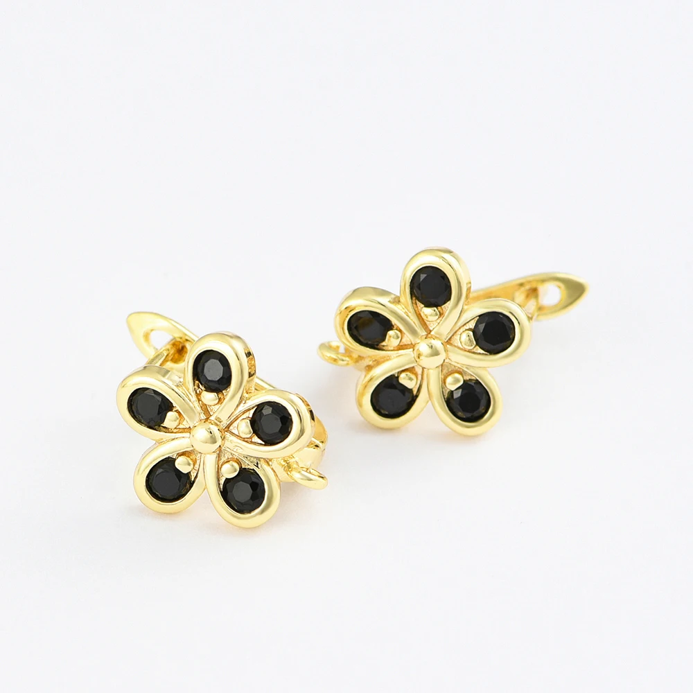 1 Pair Flower Black Zircon Earring Hooks Clasps ,18K Real Gold Plated Brass,DIY Woman Jewelry Accessories,Earwires image 3