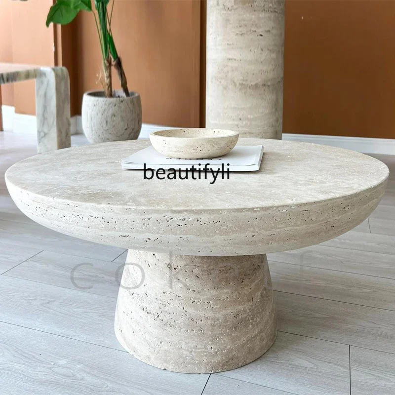 

Asmt51 ss Wabi Sand Wind Natural Roman Travertine Round Marble Coffee Table Designer Villa Living Room Coffee Table
