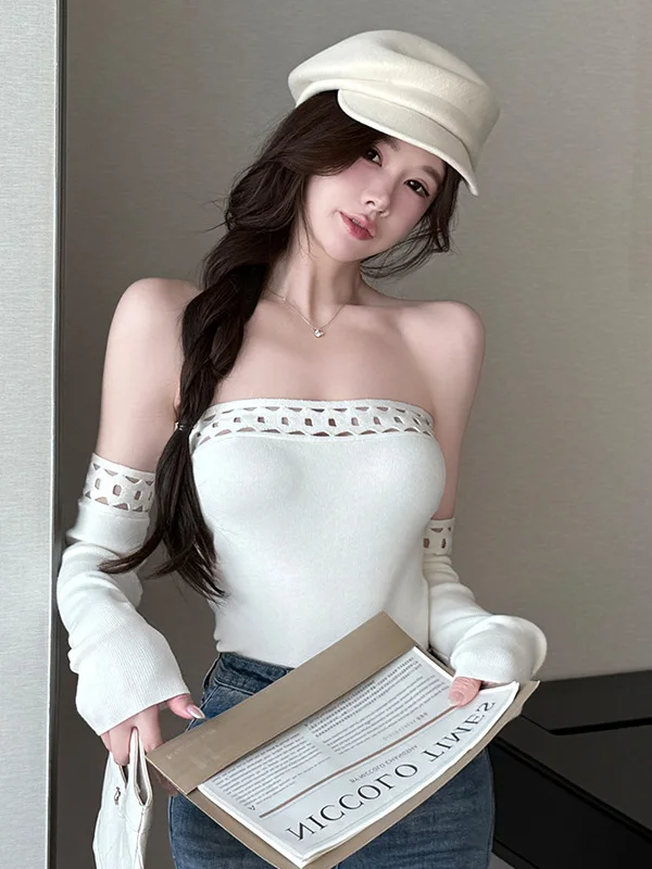 

Faionable сексуальный тяжелый вязаный ажурный топ-труба све Pure Desirable Hot Girl oulder Baring Ele Top