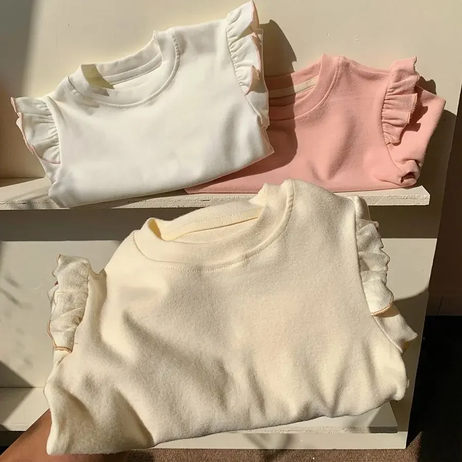 

Korean Style Autumn Baby Girls Sweaters Solid Color Flying Sleeves Shirts Undershirts Kids Tops Tees