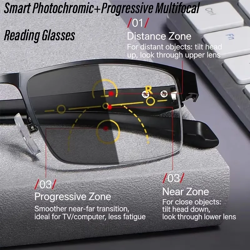 2026 Progressive Photochromic Reading Glasses High-definition Multifocal Glasses Men Women Anti Blue Light Presbyopia Glasses1.5