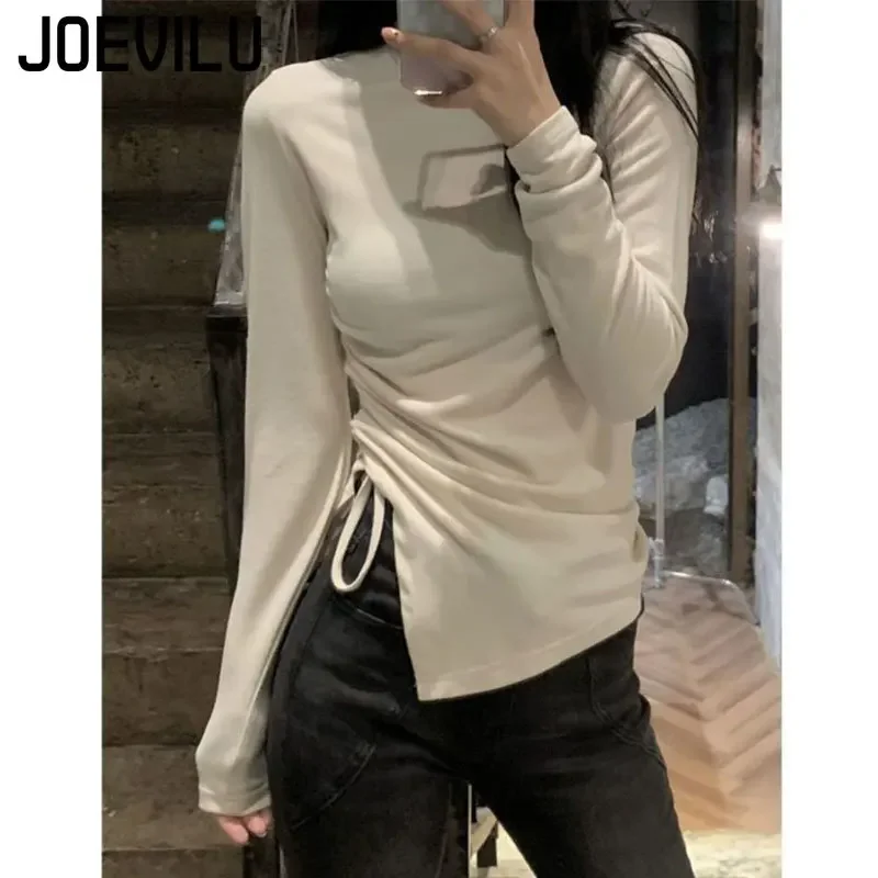 JOEVILU Shirring Irregular Tops Turtleneck Thin Velvet Bottom Shirt Niche Thermal T-shirt Female Korean Slim Aesthetic T-shirt