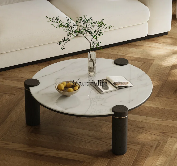 

Italian Minimalist Marble Coffee Table round Ash Solid Wood Small Apartment Art High-End