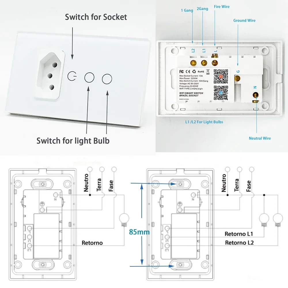 Shawader Tuya Wifi Smart Brazil Light Switch Intelligent Wall Socket Plug Outlet Glass Touch Panel Remote by Alexa Google Home