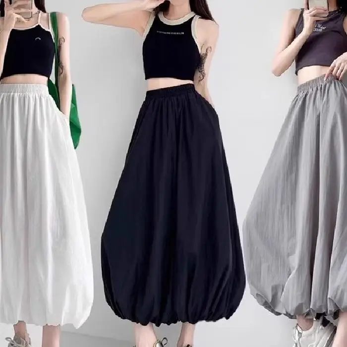 

Large Size White Flower Bud Skirt Puffy Women's A-Line Skirt Design Folded Long Skirt Korean Sle High Waist Polyester ...