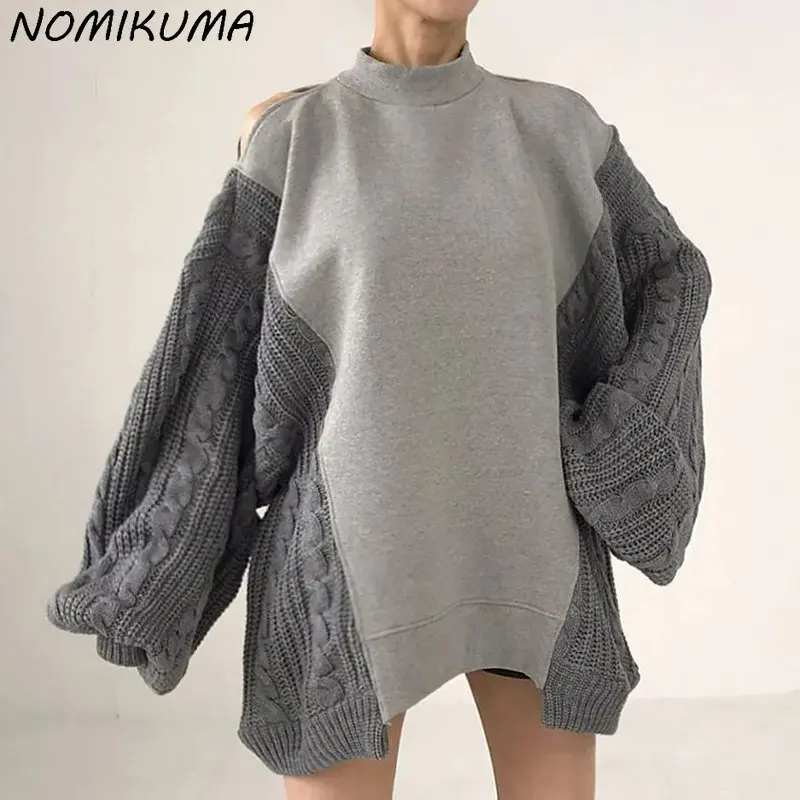 Nomikuma Winter Clothes Women Twisted Knitted Patchwork Sweatshirt Causal Long Slevee O-neck Pullovers 2023 New Hoodies Top