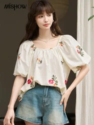 MISHOW Floral Embroidery Blouse for Women 2023 Summer  Korean Chic Puff Sleeve Square Collar Sweet Pullover Loose Top MXC38X0092