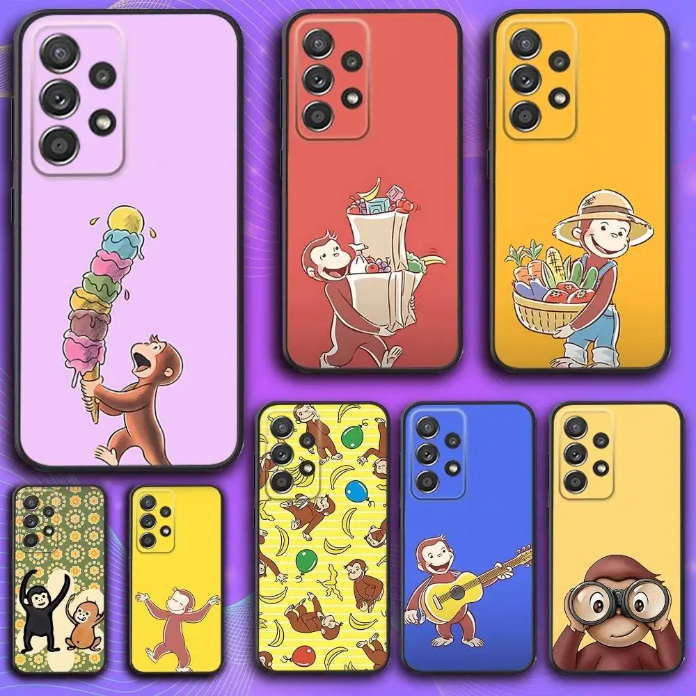 

Curious G-George Monkey Phone Case For Samsung S 25,24,23,22,30,21,10,9,Ultra,Plus,Lite,FE,4,5 G Soft Black Case