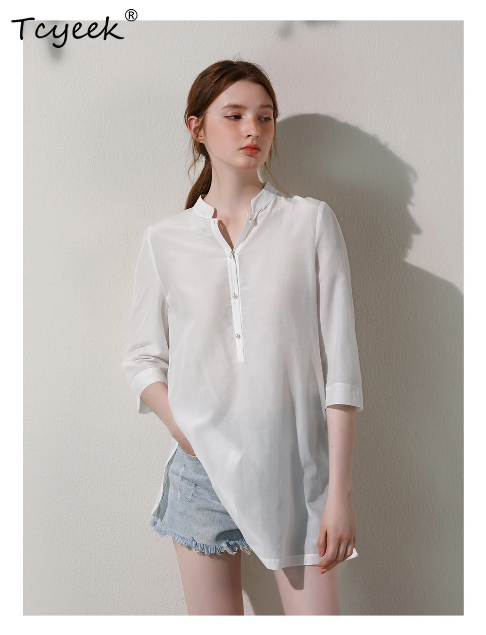 

Tcyeek, 12MM 30% Silk 70%Cotton Elegant Shirt, Women 3/4 Sleeve Solid Color, Retro Commute Blouses, 2024 Summer Fall T46646QM