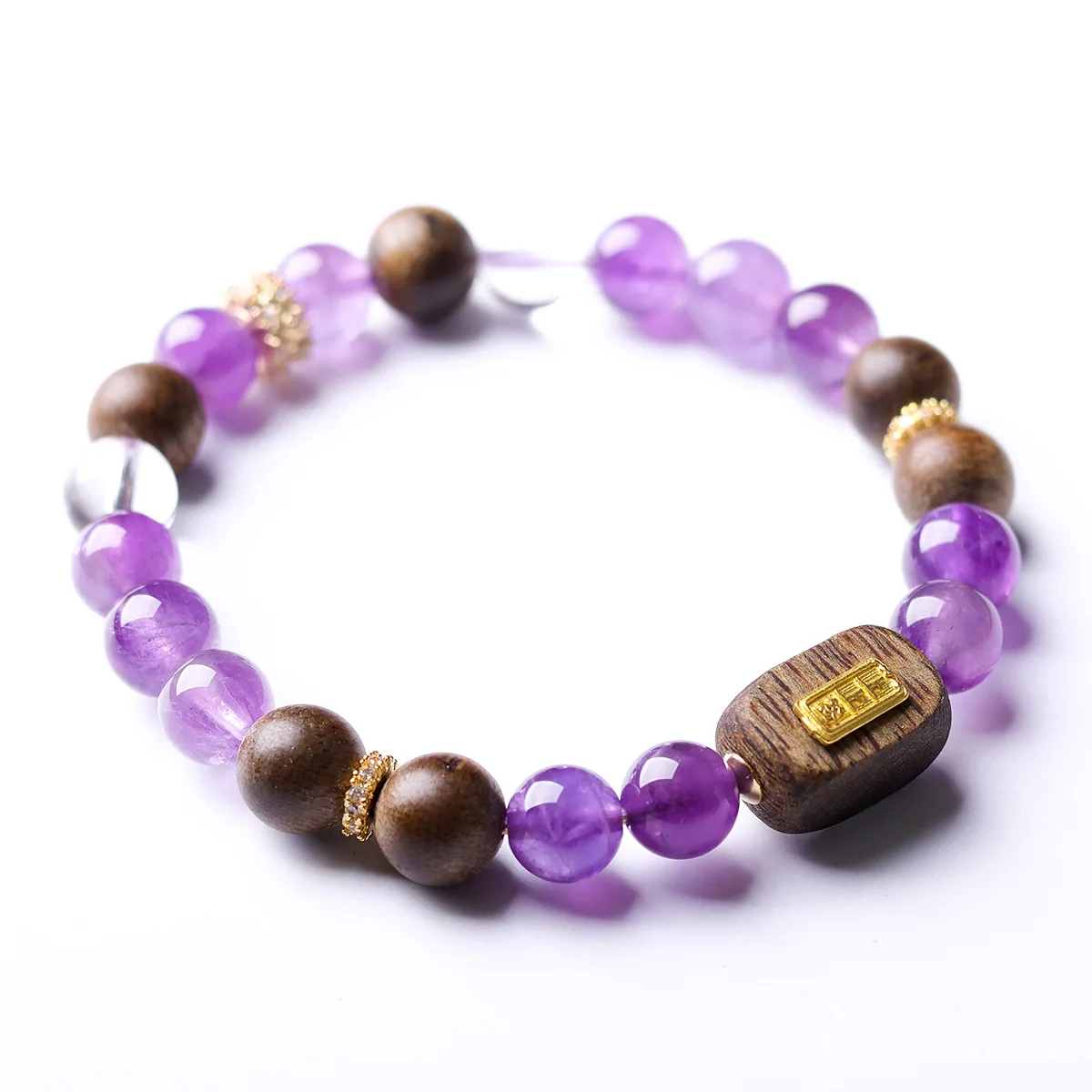 

Natural Amethyst White Crystal and Green Agarwood Bracelet Chinese Style Fortune Blessing Prayer Beaded Bracelet Gifts