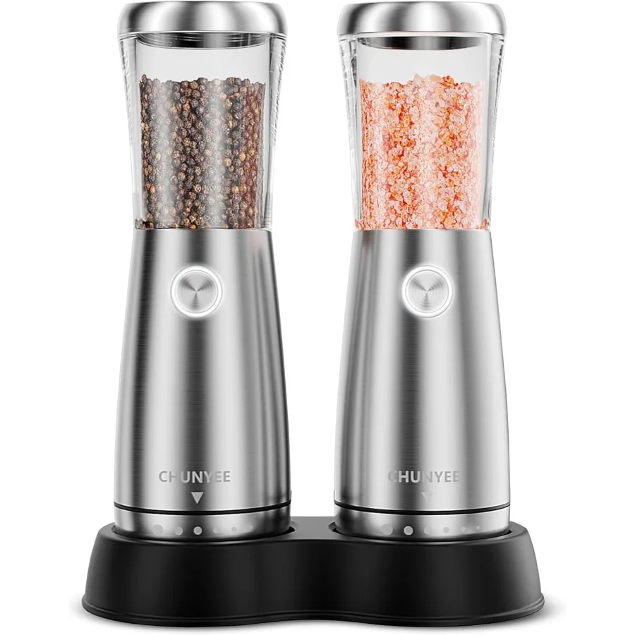 

Electric Salt and Pepper Grinder Set - Automatic Stainless Steel Rechargeable with Storage Base Large Capacity LED Light Adjust
