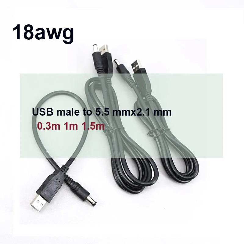 18AWG USB Male to 5.5 mm/2.1 mm 5 Volt DC Male Barrel Jack Power Charge Cable 0.75m 30cm 1m 1.5m 3ft Plug USB Connector W28