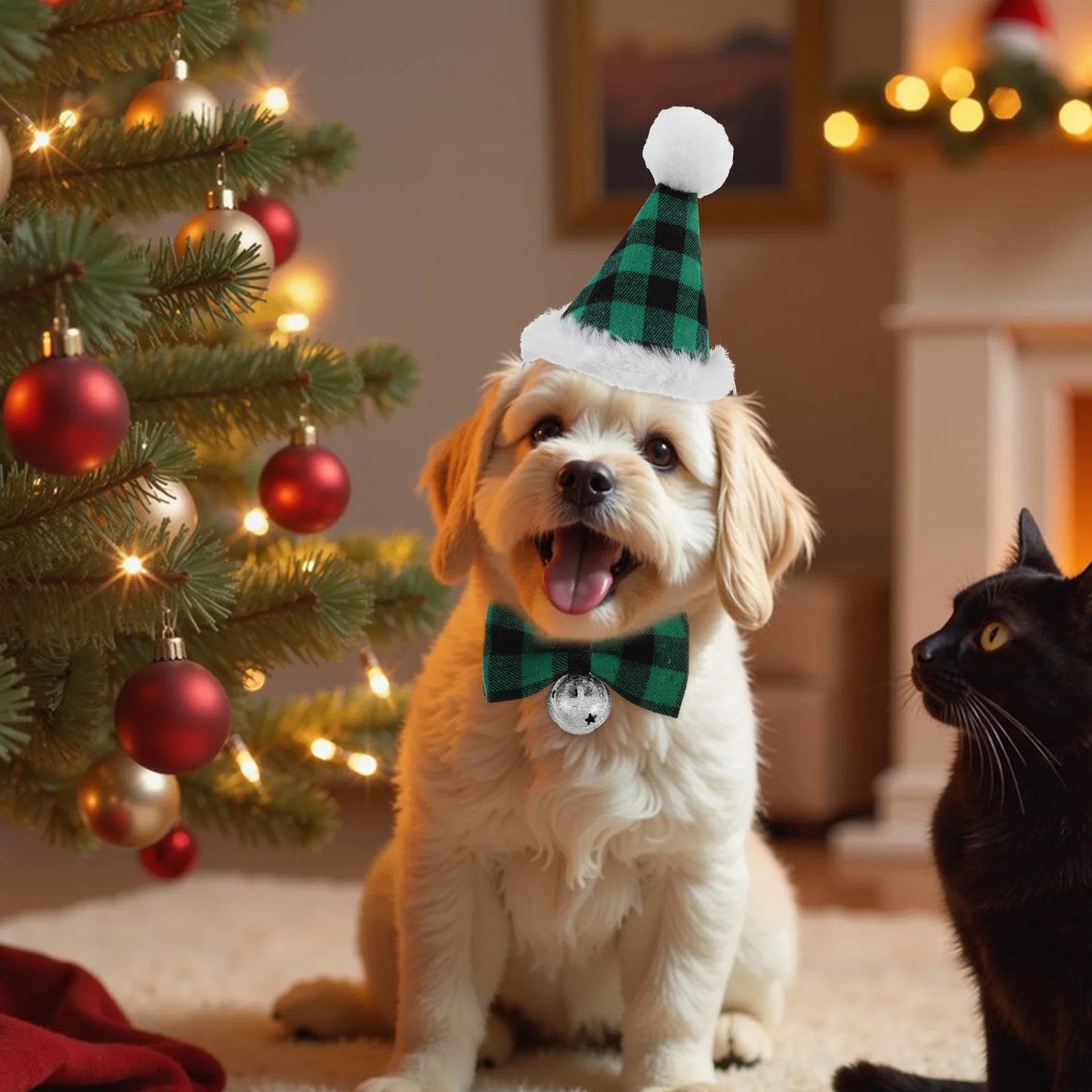 

2Sets Pet Christmas Decoration Hat Plaid Bow Tie Adjustable Small Dog Cat Collars Holiday Party Supplies Photography Props