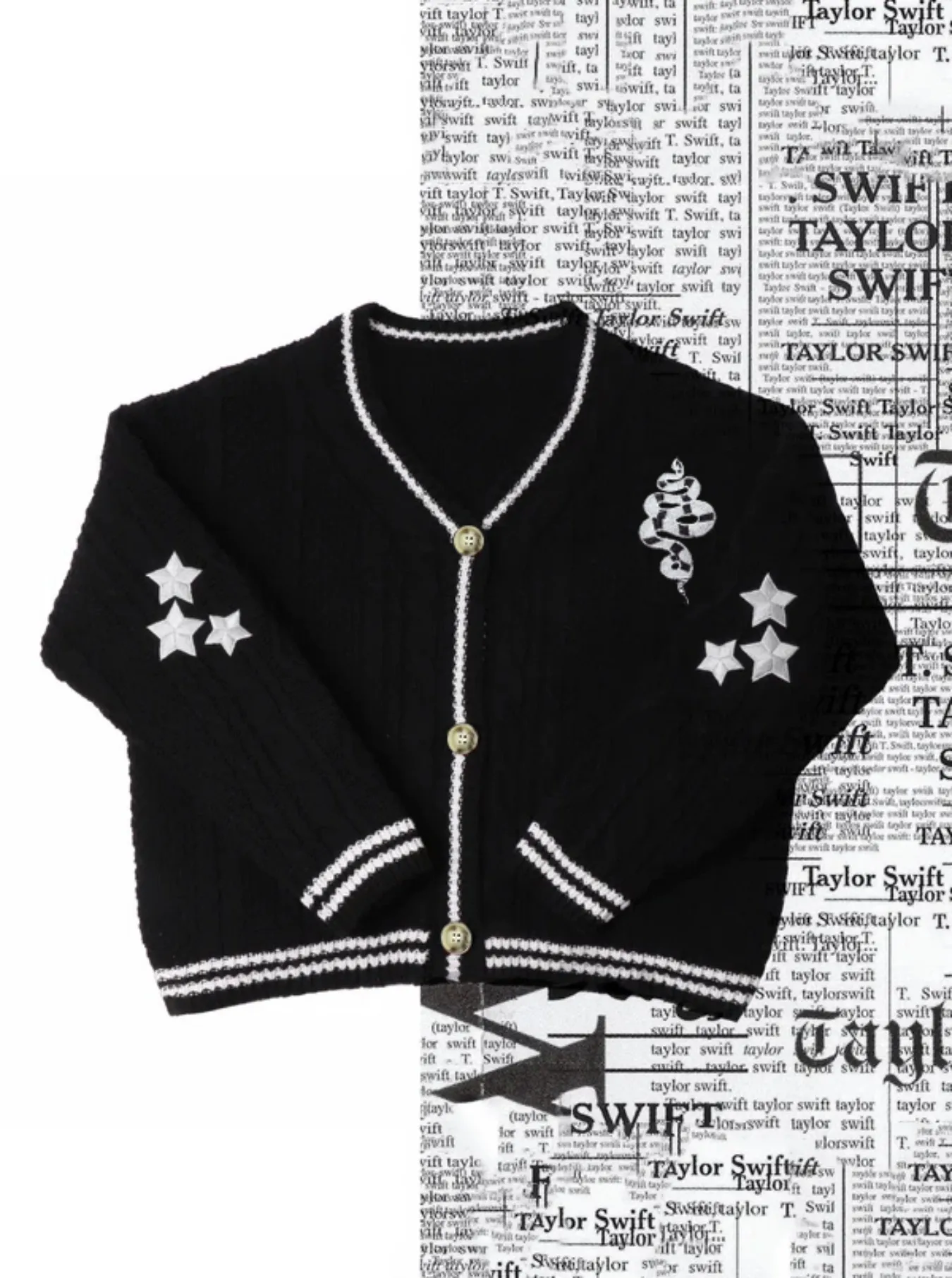 

Women's Black Contrast Trim Crop Cardigan Star And Snake Embroidered Knit Top Fashionable Knittedwear for Ladies