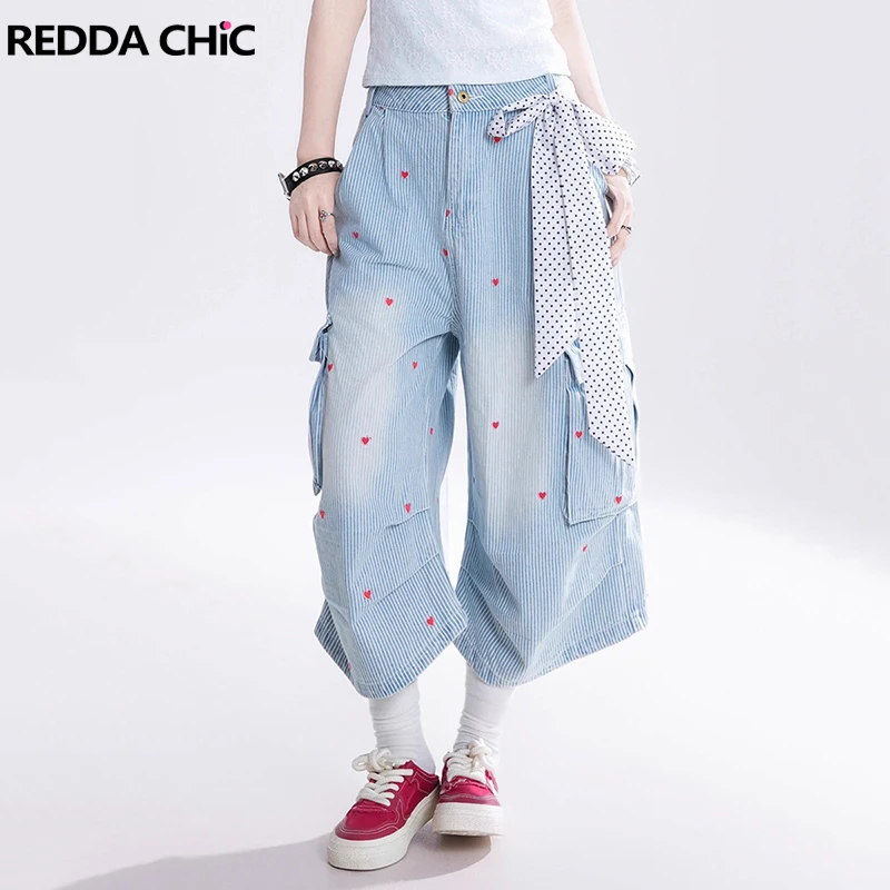 

REDDACHiC милые брюки-бермуды с вышивкой в виде сердца, легкие широкие плиссированные полосатые джинсовые шорты-карго, винтажные женские брюки Y2k