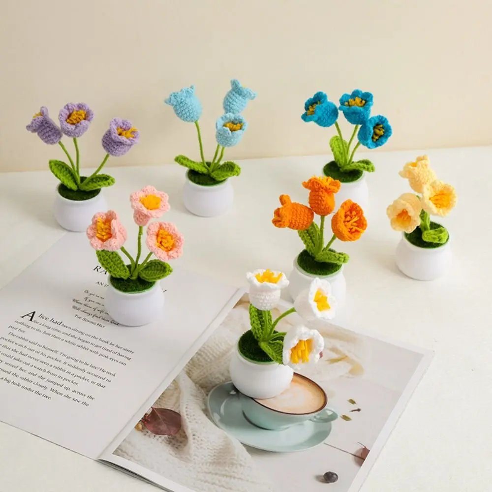 1 PCS Elegant Bell Orchid Handmade Flowers Beautiful Orchid Flower Crochet Flowers Pots Cute DIY Plant Potted