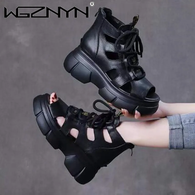 Summer Ladies Retro Sandals Platform High Top Luxury Design Fashion Laces Lace Up Boots Open Toe Soft Sneaker Outdoor Breathable