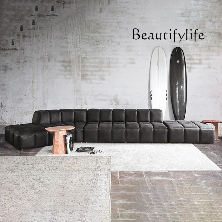 S Italian Minimalist Villa Large Flat Floor Living Room Leather Sofa First Layer Cowhide Full Leather Corner Sofa
