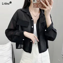 Office Lady Spring Summer Thin Solid Women's Clothing Loose Polo-Neck Button Chiffon Single Breasted Short Clothes Women Shirt