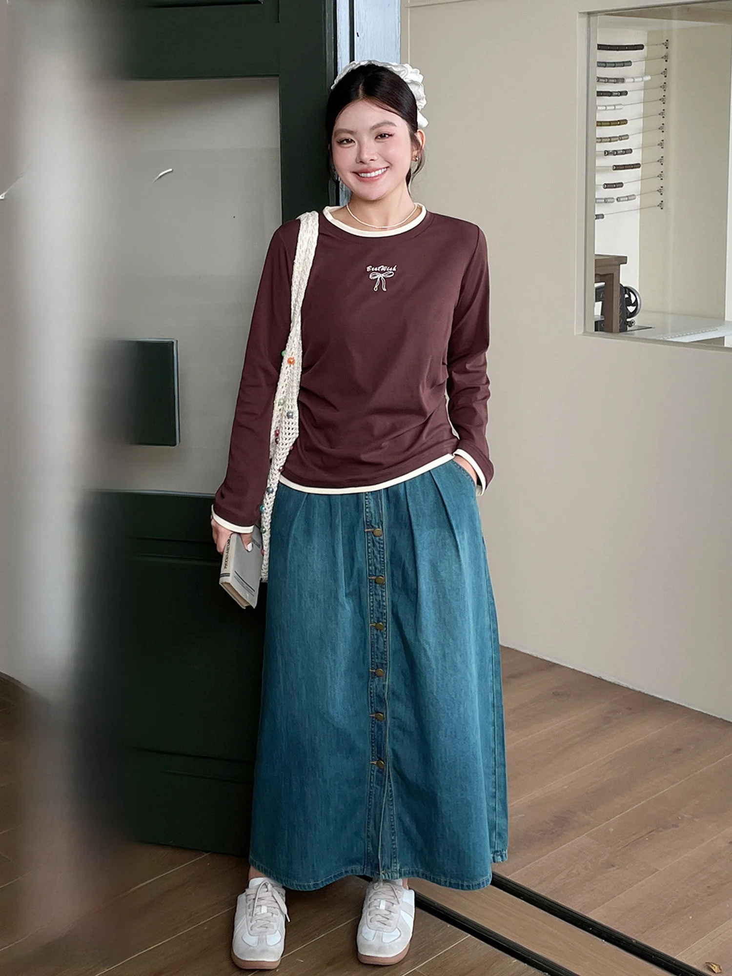 

plus Size A-Line Skirt High Waist Denim Fabric Pear Shaped Body Hip Concealing Slimming Skirt for plus Size Women