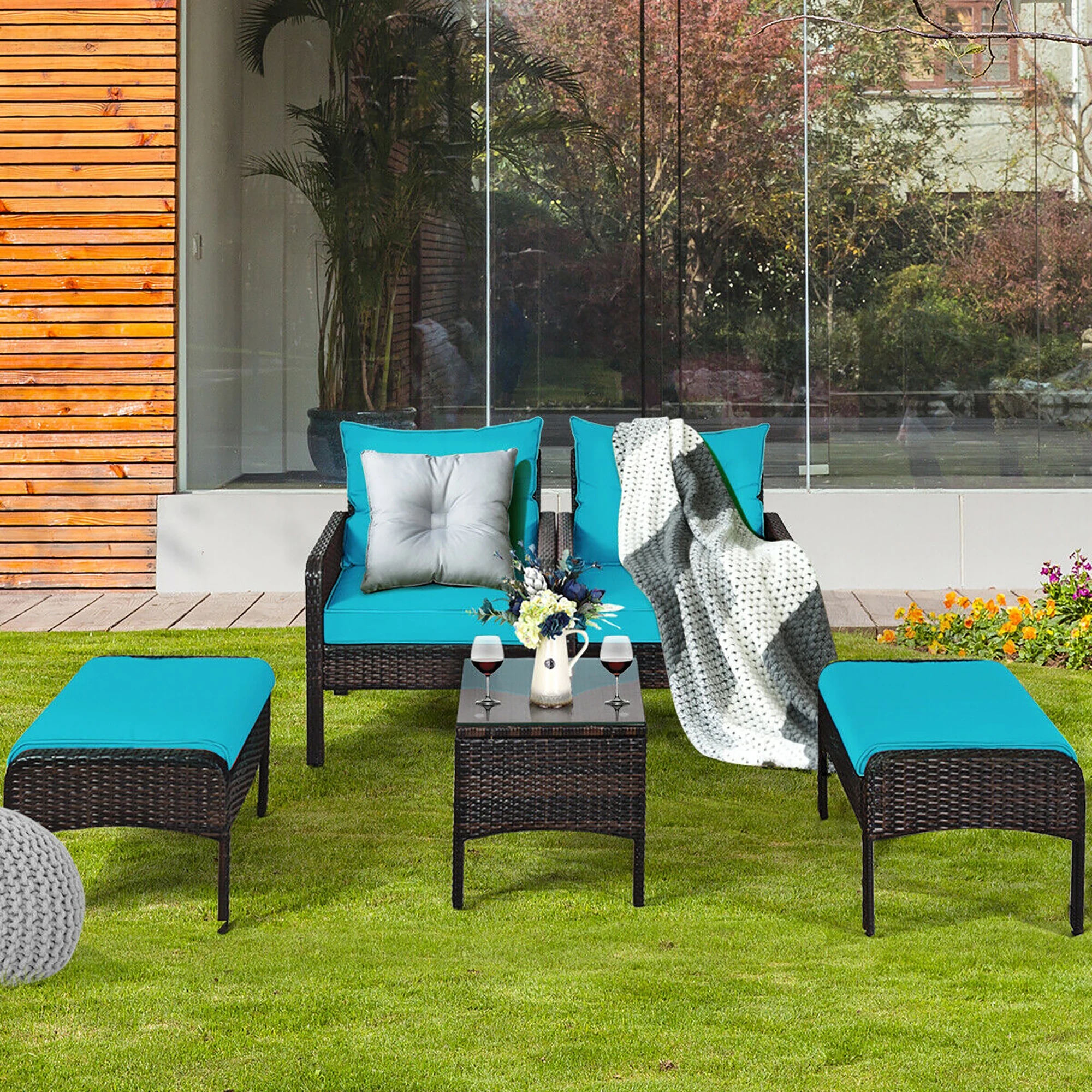 5 PCS Patio Rattan Furniture Set Sofa Ottoman Table Cushioned Turquoise