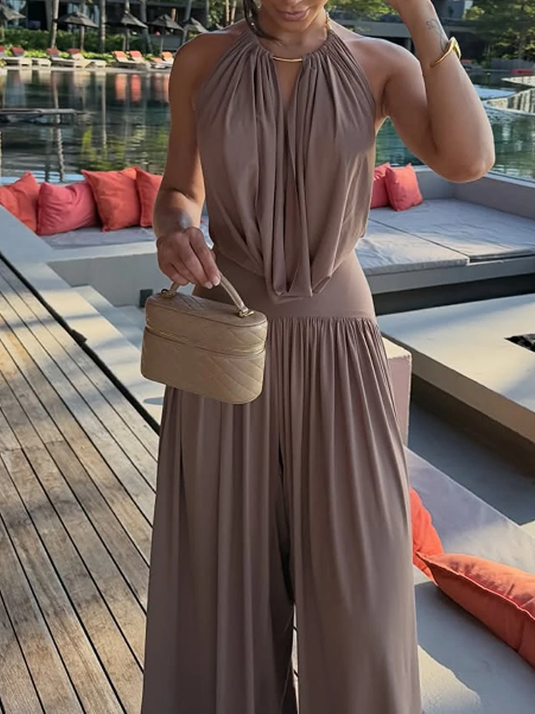 

Повседневный комплект из 2 предметов: однотонный свободный топ без рукавов с вырезом на шее и длинные брюки с открытой спиной для женщин, элегантный костюм с вырезами