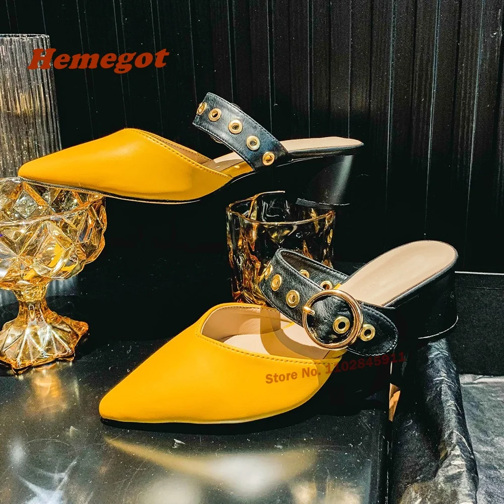 

Belt Buckle Yellow Slippers Pointed Toe Patchwork Front-Strap Women's Slippers Chunky Heels Summer Slip On Party Wedding Shoes