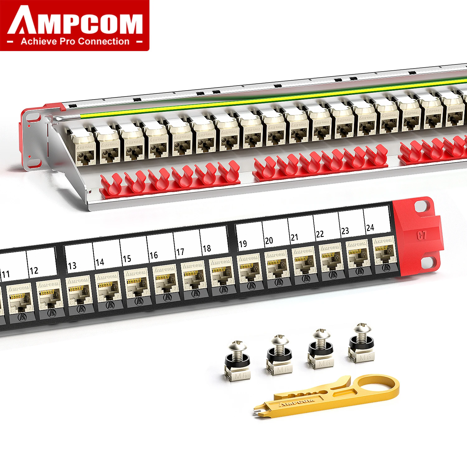 

AMPCOM 1U 24-Port STP Keystone Patch Panel,Rack-Mounted with STP Feed-Through CAT7/6A/6 Keystone Jack, Rear Cable Management Bar
