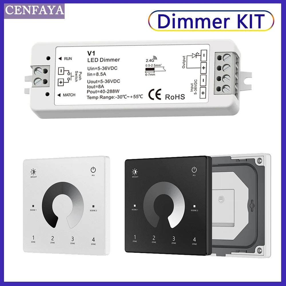 V1 LED-Dimmer 1 Kanal 5V 12V 24V 36V 4-Zonen-Einfarb-LED-Streifen-Dimmkit Wireless 2,4g HF-Fernbedienung Touch-Schalter Dimer