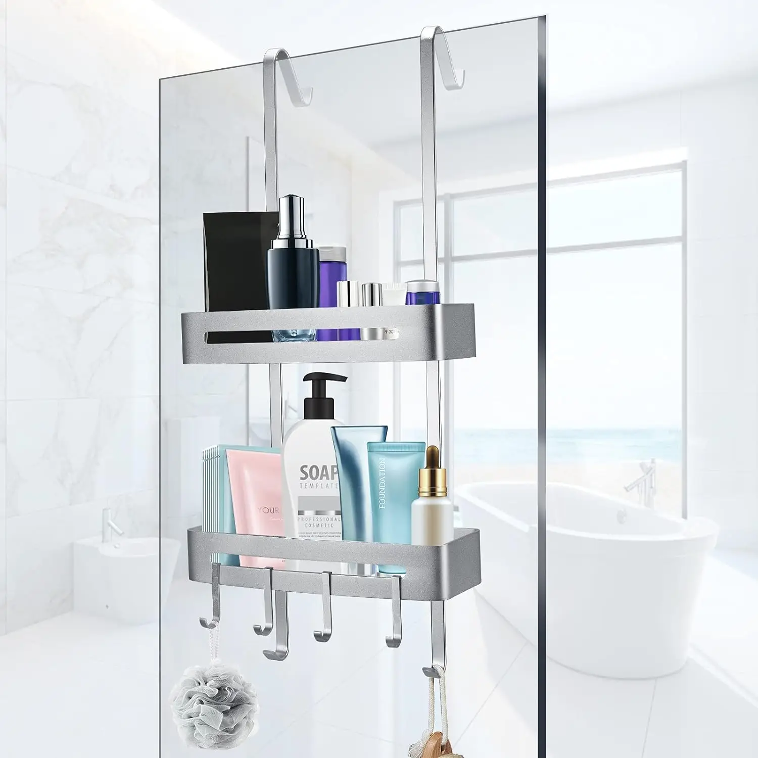 Hanging Shower Shelf To install without drilling Bathroom Storage Accessory For shower with wall or glass door