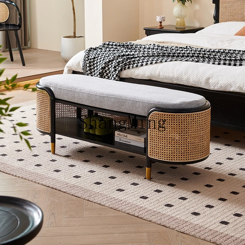 

SM solid wood rattan shoe changing stool living room fabric sofa modern simple foyer bedside stool