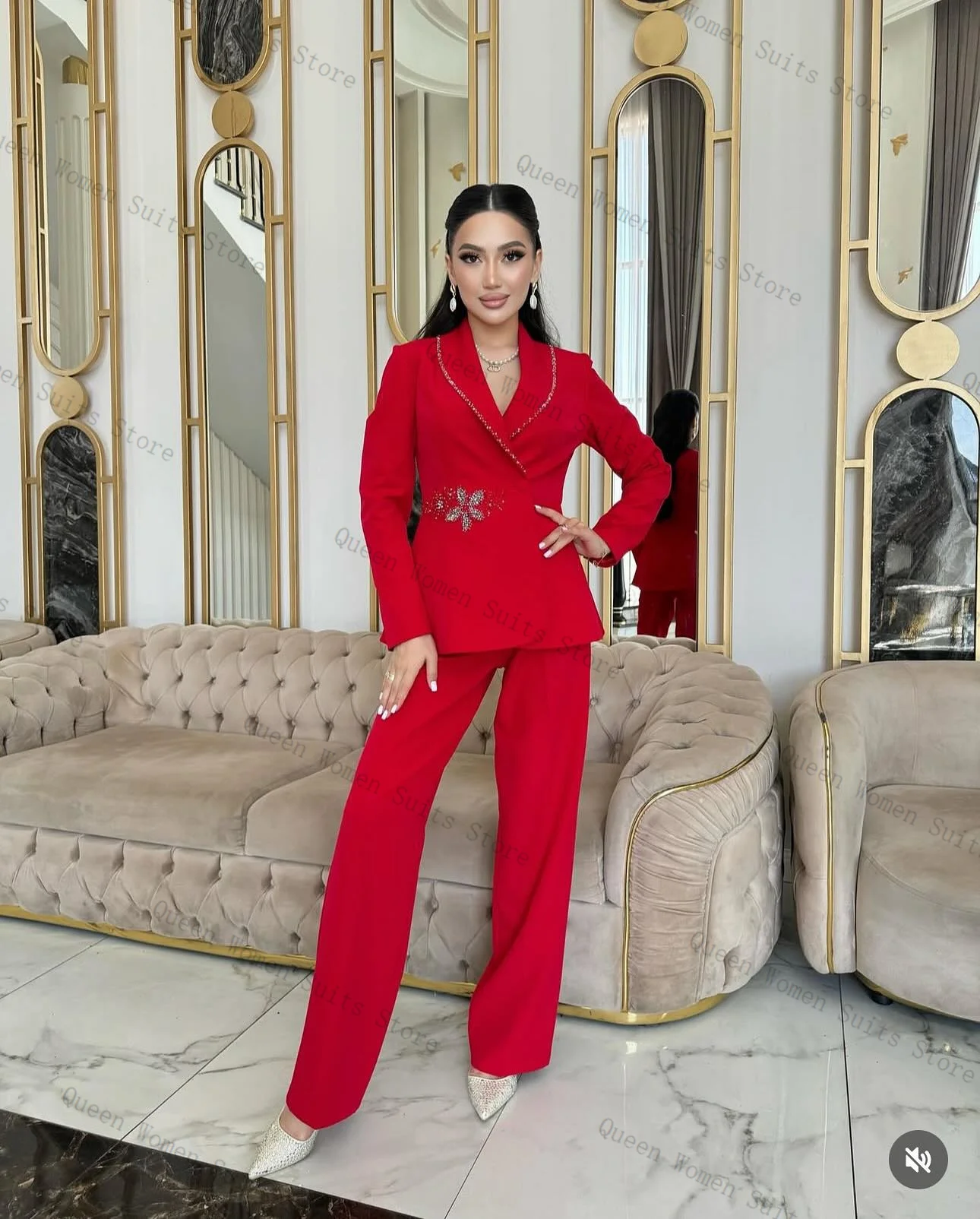 

Luxury Red Women Suit Set Blazer+Pants 2 Piece Bling Crystal Wedding Tuxedo Formal Office Lady Prom Dress Customized Jacket Coat