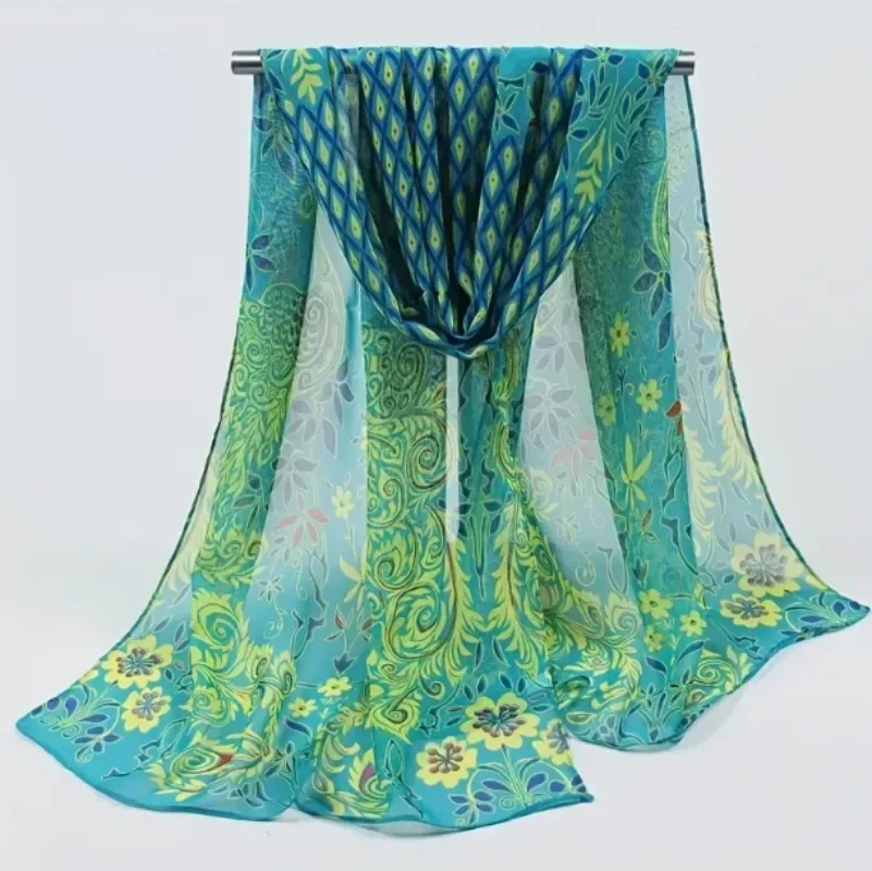 

Fashion Colorful Green Peacock Print Scarf Chiffon Shawl Sunscreen Turban Headscarf Travel Beach Towel Hair Accessories